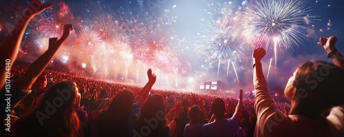 A large crowd celebrating a momentous occasion with colorful fireworks display