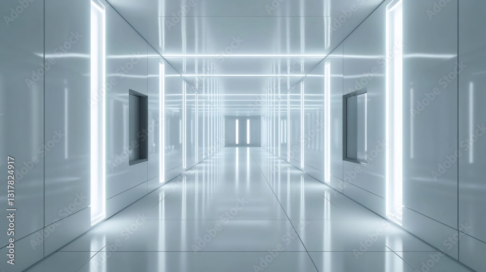 Obraz premium Futuristic White Corridor: A Gleaming Path of Light and Modern Architecture