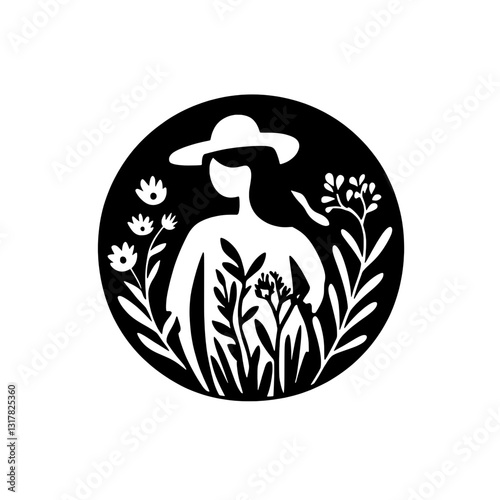 Vector illustration of a woman among flowers in a serene garden setting, celebrating nature and femininity during a sunny day
