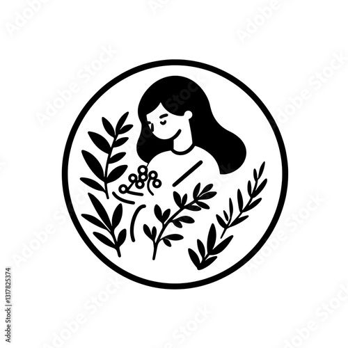 Vector illustration of a woman surrounded by greenery and flowers in a minimalist style conveying serenity and connection with nature