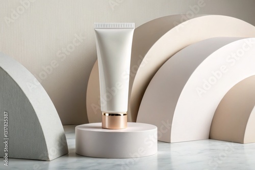 Empty tube cosmetic product display on a modern pedestal