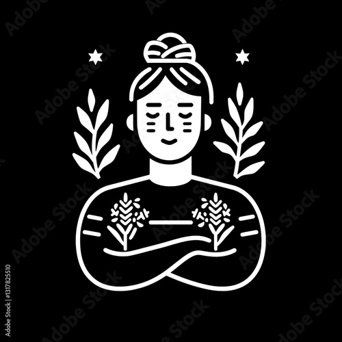 Woman with crossed arms surrounded by plants expressing strength and tranquility in a minimalist vector design