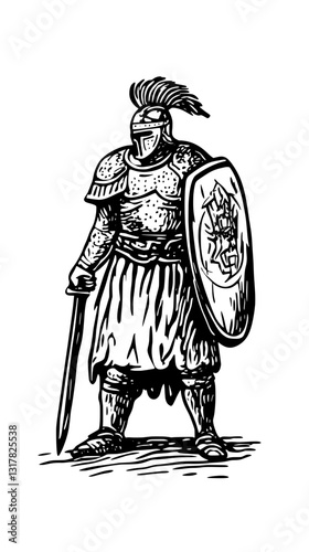 Armored warrior stands ready for battle in a historical setting with sword and shield