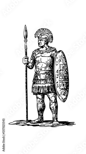 Ancient warrior stands proudly with spear and shield in a timeless tribute to valor and strength