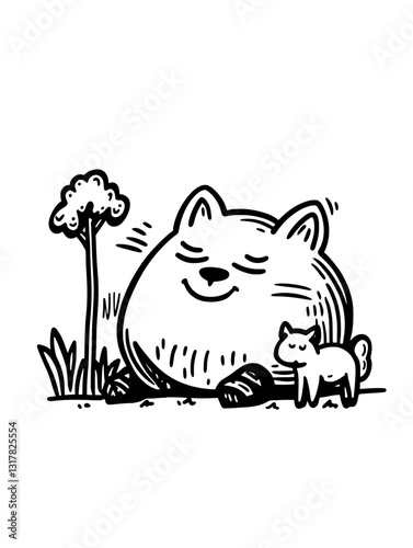 Charming moment between a plump dog and a smaller cat relaxing under a tree in a whimsical illustration