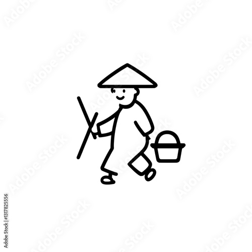 Simple vector illustration of a farmer walking with a basket in traditional attire and a conical hat under bright sunshine