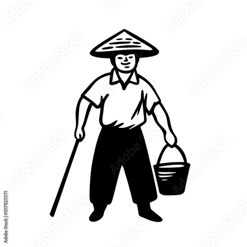 Worker carrying a bucket and a cane wearing a traditional conical hat in a peaceful rural setting
