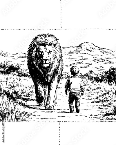 Encountering a majestic lion on a tranquil path through sweeping landscapes at dusk brings a sense of wonder and adventure