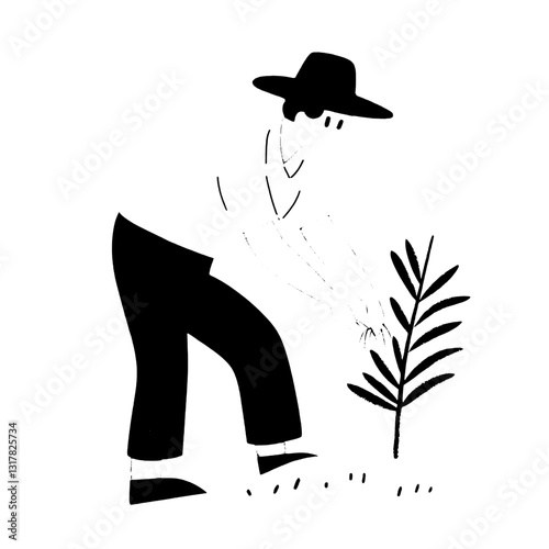 Gardener nurturing a young plant under a sunny sky in a minimalist style vector illustration