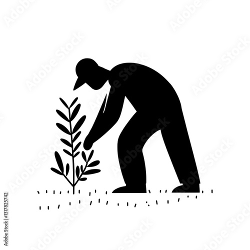 Gardener tending to young plant in a minimalistic vector design showcasing sustainable agriculture