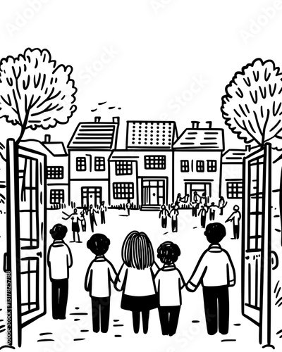Children holding hands as they enter a bustling courtyard filled with vibrant houses and playful activities