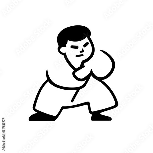 Dynamic martial artist displaying powerful stance in a minimalist black and white vector design illustrating strength and focus