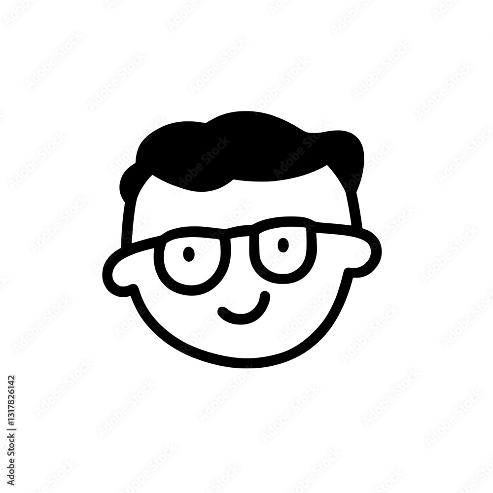 Cheerful cartoon character with glasses showcasing friendly expression in simplistic style and monochrome design for fun graphics Cheerful cartoon character with glasses showcasing friendly expression in simplistic style and monochrome design for fun graphics
