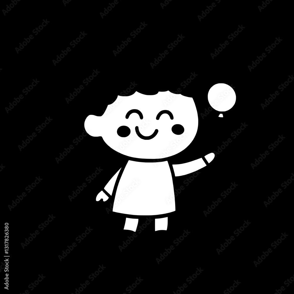 Joyful child holding a balloon in a playful, minimalist style with a black background Joyful child holding a balloon in a playful, minimalist style with a black background