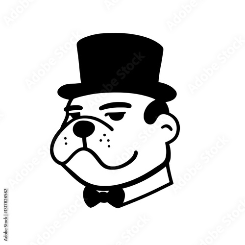 Classic bulldog in a top hat and bowtie showcasing charm and sophistication in a whimsical vector design
