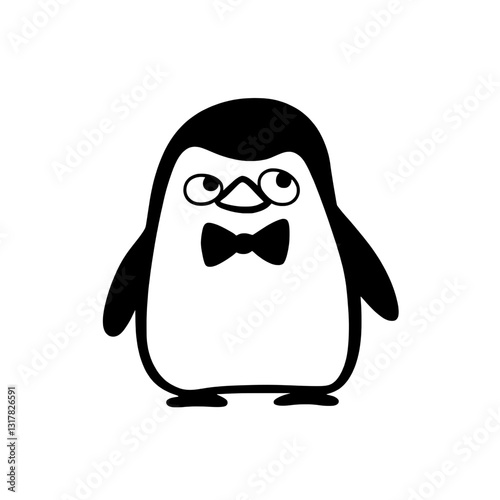 Stylish penguin wearing a bow tie showcasing charm and personality in a playful black and white vector design