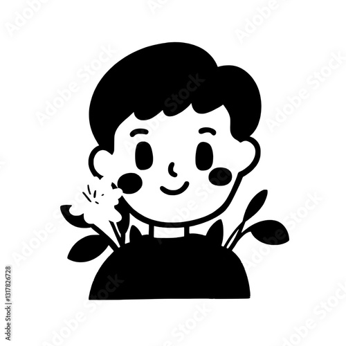 Whimsical illustration of a joyful character with flowers and leaves growing from their shoulders