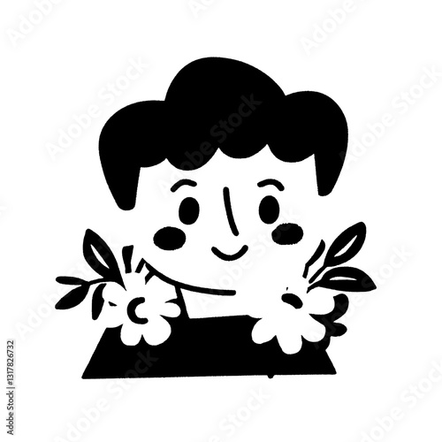 Person tending to flowers with a cheerful expression in a minimalistic vector style