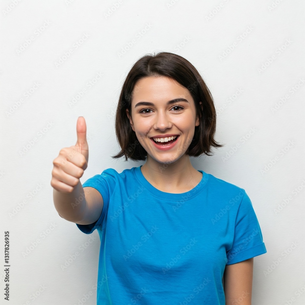 Cheerful Woman in T-Shirt Showing Thumb Up and Smiling, Approve and Like, Girl with Short Hair and Natural Look Praising Good Work Over White Wall Cheerful Woman in T-Shirt Showing Thumb Up and Smiling, Approve and Like, Girl with Short Hair and Natural Look Praising Good Work Over White Wall