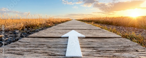 A straight wooden path leading towards a bright horizon symbolizes direction, purpose, and journey The white arrow superimposed guides the viewer's eye, adding a sense of intentionality and forward photo
