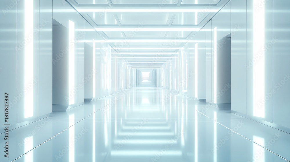 Fototapeta premium Futuristic White Corridor with Bright Neon Lights: A Modern Architectural Visualization