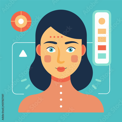 Skin Analysis An illustration of a skin analysis tool examining the womans face before the treatment with digital readouts displaying skin elasticity and hydration levels.