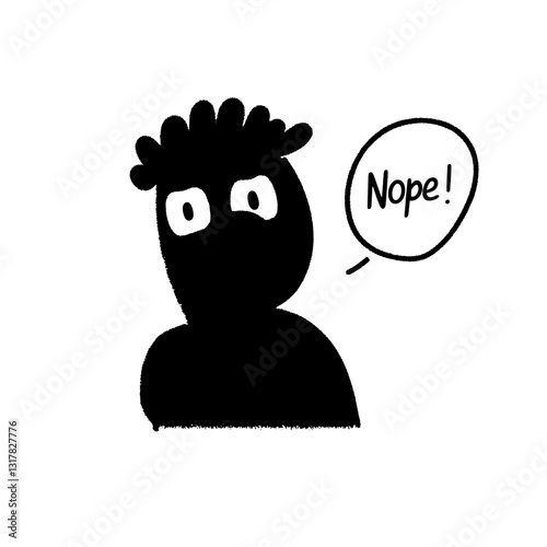 Expressive black silhouette character with vibrant eyes stating a firm nope in a minimalist vector design
