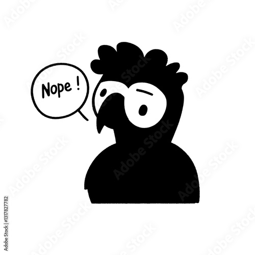 Expressive bird character communicates refusal with a speech bubble in playful vector art style