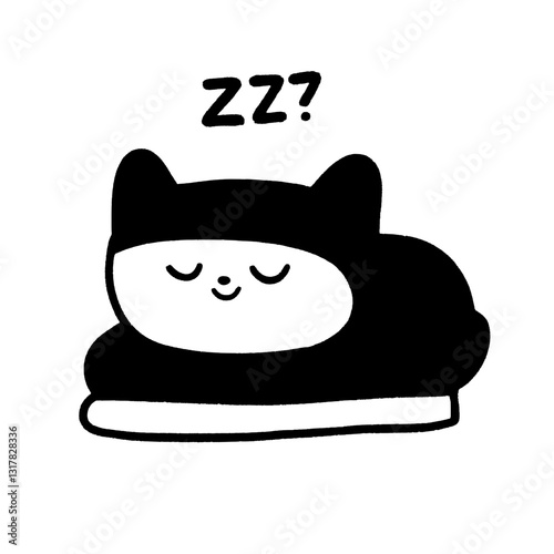 Cute black and white cat character napping peacefully with a question mark above its head