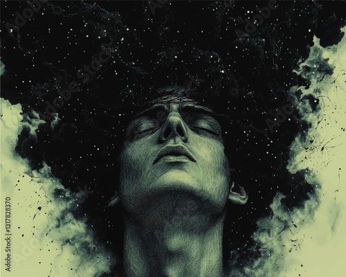 Surreal Vector Art: Cosmic Integration with Mystical Universe, Dreamy Clouds, Starry Night, Man's Meditative Gaze, Abstract Black and White Ink Illustration