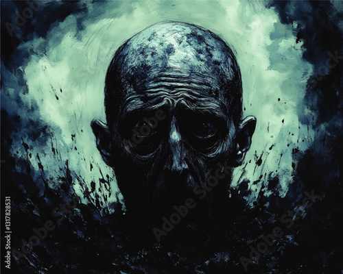 Haunting Expressionist Vector Art of Elderly Man Amidst Abstract Dark Clouds and Splatter for Gothic and Surreal Mood - Ideal for Conceptual Artistic Designs