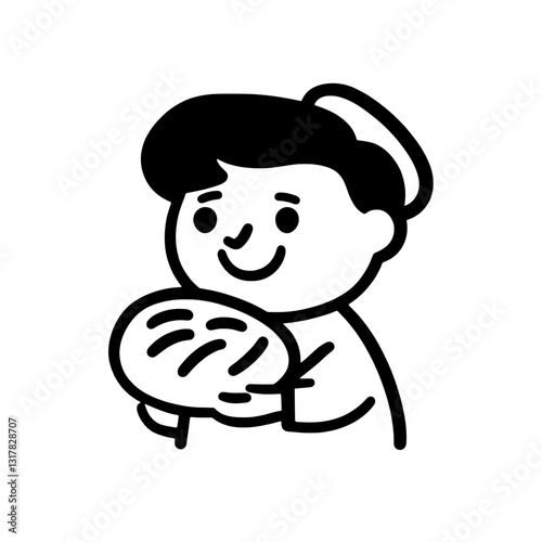 Smiling baker joyfully presenting a freshly baked loaf of bread in a cozy bakery setting