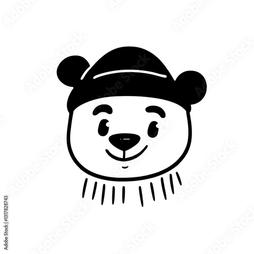 Cheerful panda character design wearing a hat, radiating joy and playfulness in a minimalist vector style