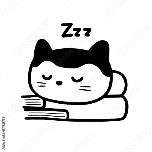 Cozy black and white vector illustration of a sleeping cat resting on a stack of books, evoking tranquility and warmth