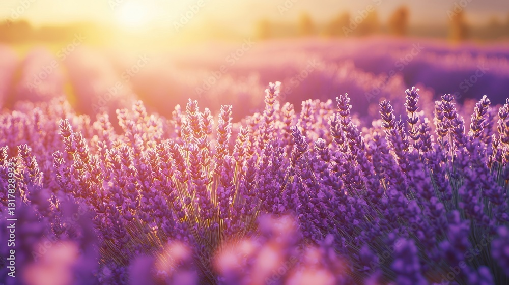 Naklejka premium Lavender field at sunset with golden light.