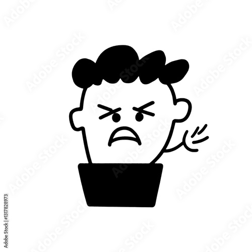 Expressive cartoon character emerging from a flower pot showing frustration and emotion in a playful artistic style