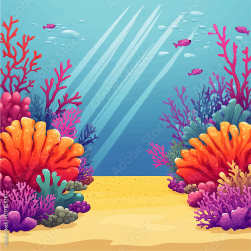 Vibrant Underwater Coral Reef Scene with Colorful Marine Life, Fish, Vibrant Corals, Oceanic Background, and Sea Sand Illustrating Lively Ecosystem