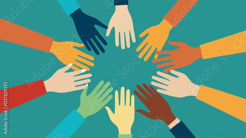 Hands Joining Together Multiple hands from various cultures coming together in a circle showcasing unity in investing in social causes.