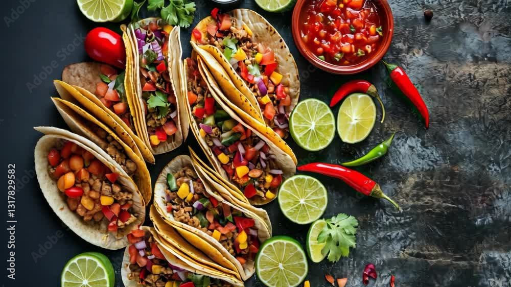Delicious tacos with fresh vegetables, lime slices, and spicy salsa on rustic dark background celebrating cinco de mayo, mexican culture