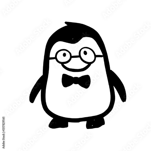 Whimsical penguin character in a bow tie with glasses radiates charm and personality in a playful design showcasing joy and creativity