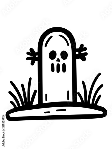 Spooky gravestone surrounded by grass brings an eerie ambiance to a haunted landscape during a misty autumn night