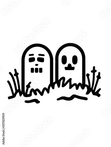 Whimsical tombstones emerge from overgrown grass in a playful cemetery setting with an eerie yet amusing ambiance