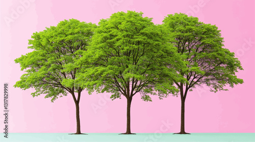 Stunning Vector Illustration of Three Vibrant Green Trees on a Pink Background: Nature and Art Fusion for Creative Designs and Environmental Themes
