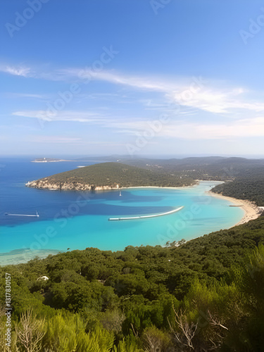 landscapes of the island of Porquerolles, on the French Riviera off the coast of Hyeres, in the summer of 2013. The surface area of 1254 hectares makes it the second Mediterranean island in France aft photo
