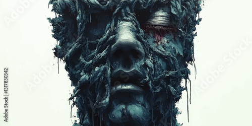 Surreal Vector Art: Human Face Encased in Blue Abstract Tree Roots with Closed Eye - Creative Conceptual Illustration for Nature and Human Connection Themes