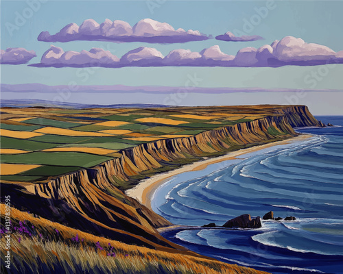 Stunning Vector Illustration of Coastal Cliffs and Patchwork Fields Overlooking the Ocean Waves with Majestic Clouds in a Serene Landscape