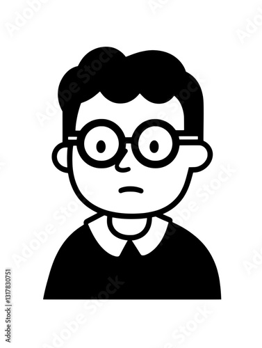 Whimsical cartoon character with glasses and distinct hairstyle in a minimalist black and white design
