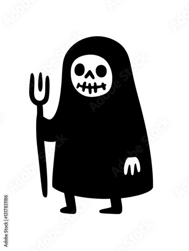 Skeleton figure with a pitchfork in a minimalist design showcasing a playful interpretation of the Grim Reaper