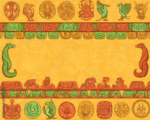 Ancient Mesoamerican Vector Art: Intricate Mayan Symbols, Mythical Creatures and Decorative Patterns on Vibrant Background - Perfect for Cultural and Historical Themes