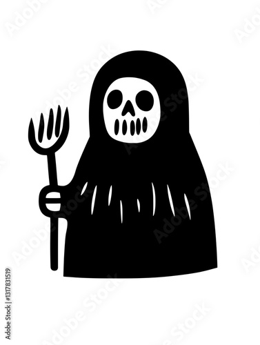 Charming dark figure in a hooded cloak holding a pitchfork under a simple yet captivating design